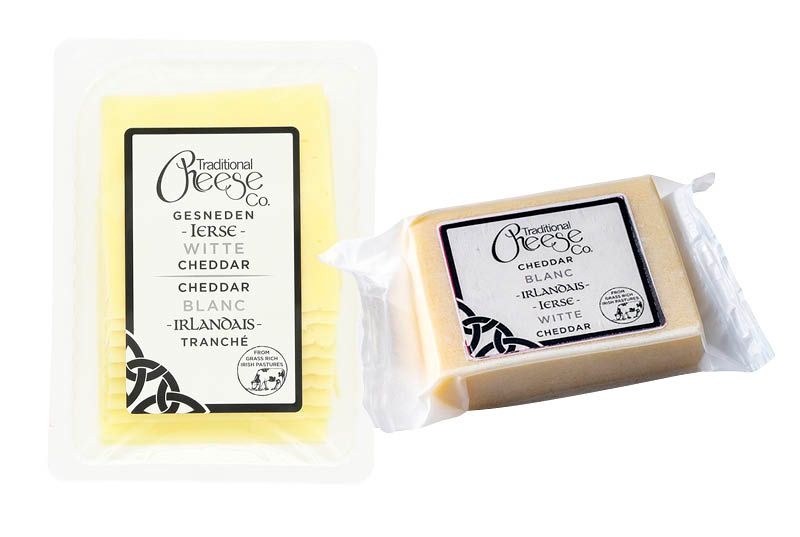 Traditional Cheese Ierse witte cheddar sneetjes 180 g of blok 200 g