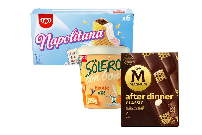 Magnum after dinner, bomboniera, bonbon, caramel nut bar ,sandwich almond, Solero bonbon exotic, Ben&Jerry's cookie dough sandwiches of Ola napolitana naar keuze