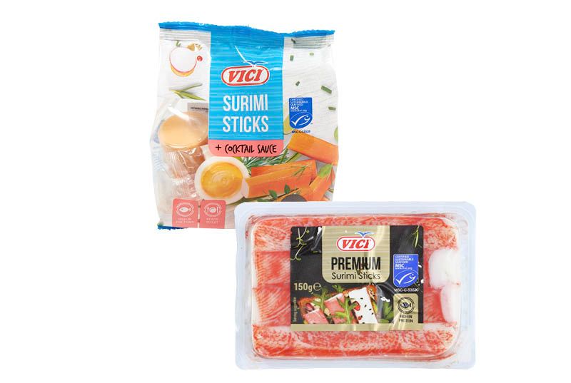 Vici surimi sticks met cocktailsaus 230 g, surimi snippers 200 g, premium surimi sticks 150 g of surimi garnalen 175 g